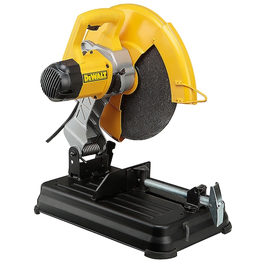 A DEWALT branded yellow and black metal cutting chop saw with a protective blade guard and a sturdy base clamp for securing materials, suitable for industrial and workshop use.