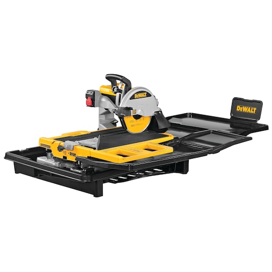 A DEWALT tile saw with a sliding table and water trays, designed for precision cutting of tiles. The saw features a yellow and black color scheme and is placed on a black base.