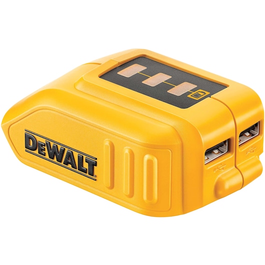 A yellow DEWALT USB power adapter with two USB ports, designed for charging devices. The adapter is compact and has the DEWALT logo on the side.