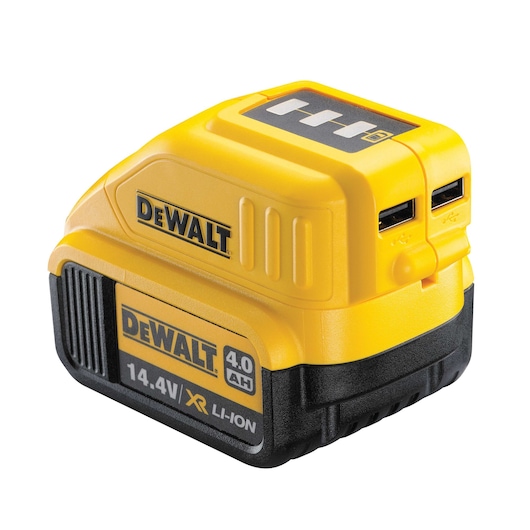 DEWALT DCB090 14.4V XR Li-Ion battery with dual USB ports for charging devices.