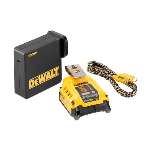 A DEWALT-branded 100W power adapter, yellow battery pack, and braided USB cable are displayed on a white background.