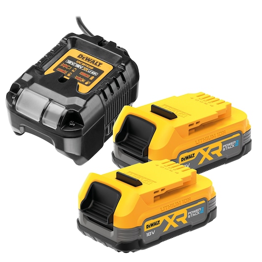DEWALT DCB1102E2 includes a black charger and two yellow 18V lithium-ion XR Powerstack batteries.