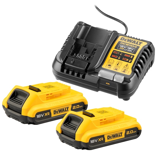 DEWALT charger DCB1104D2 and two 18V XR lithium-ion 2.0Ah batteries with yellow and black design.