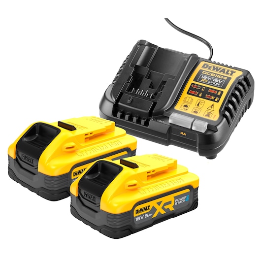 DEWALT DCB1104H2 set including a battery charger and two yellow 18V XR lithium-ion POWERSTACK batteries.