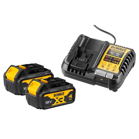 DEWALT battery charger with two 18V XR 4Ah lithium-ion batteries, suitable for power tools.