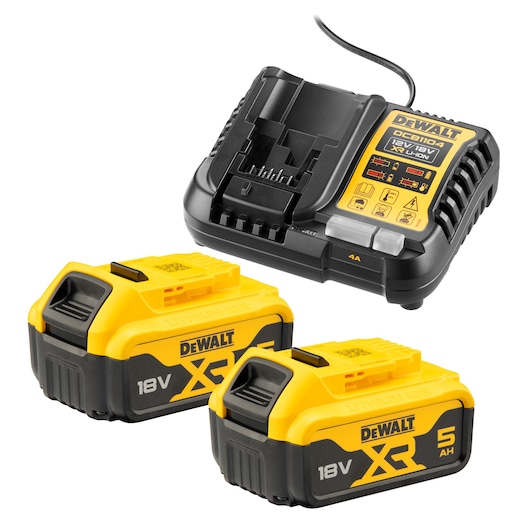 DEWALT battery charger with two 18V XR lithium-ion batteries, each 5Ah, shown on white background.