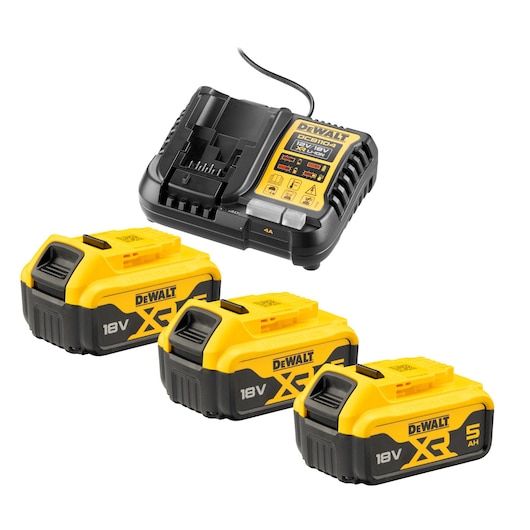 DEWALT set with three 18V XR batteries and a charger, suitable for cordless tools.