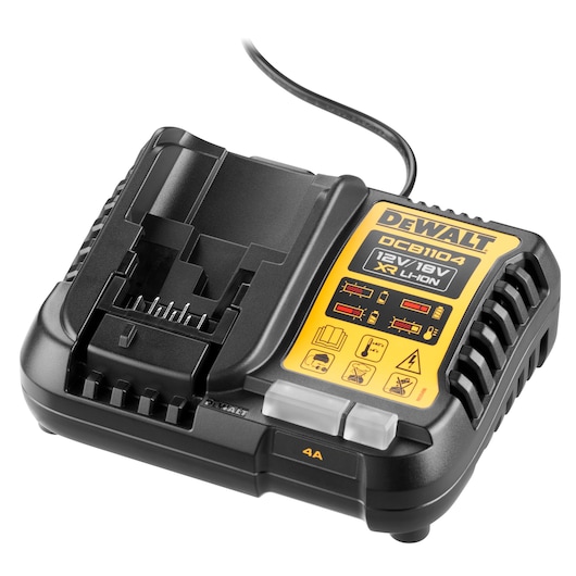 A DEWALT DCB1104 battery charger for 12V and 18V XR Li-Ion batteries, featuring a black and yellow design with indicator lights and labeled instructions on the top surface.