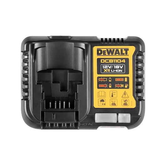 Front view of a DEWALT DCB1104 battery charger for 12V/18V XR Li-Ion batteries. The charger is black with a yellow label showing product information and safety icons.