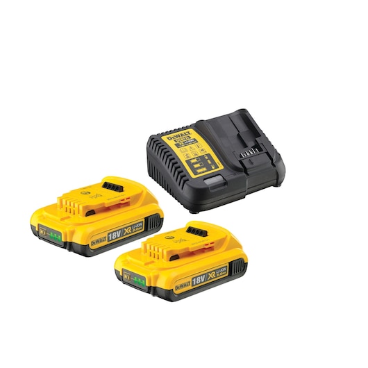 A DEWALT battery charger and two yellow DEWALT 18V XR Li-Ion batteries, shown on a white background.