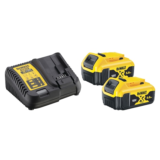 A DEWALT battery charger and two DEWALT XR 18V 5.0Ah lithium-ion batteries, both in black and yellow color.