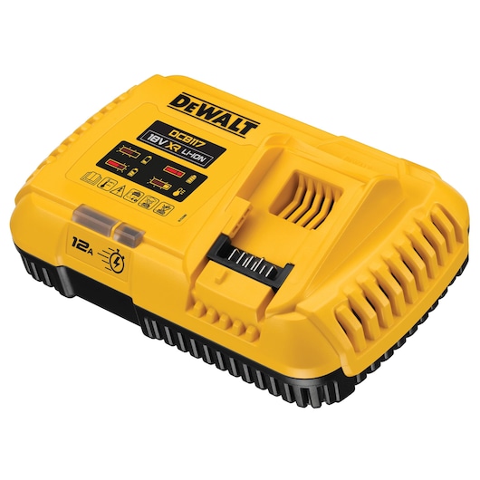 A yellow DEWALT DCB117 battery charger for 18V XR Li-Ion batteries, featuring indicator lights and a black base.