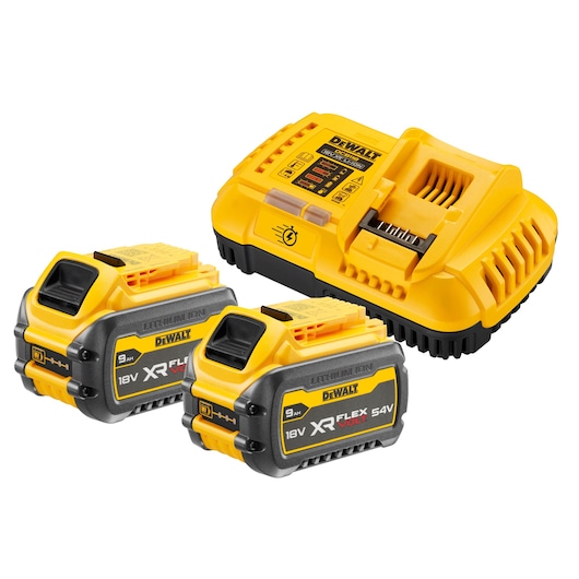 DEWALT product set including two XR FLEXVOLT lithium-ion batteries and a yellow battery charger. The batteries are labeled as 18V and 54V with 9 Ah capacity. The charger features DEWALT branding and multiple indicator lights.