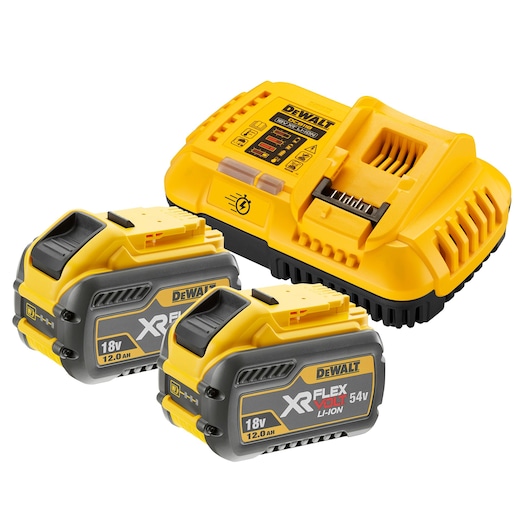 DEWALT battery charging kit including one yellow and black battery charger and two XR FLEXVOLT lithium-ion batteries with 18V and 54V markings.
