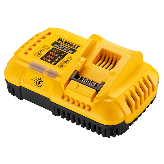 A DEWALT DCB118 yellow and black lithium-ion battery charger, shown from an angle with visible indicator panel and charging slot.