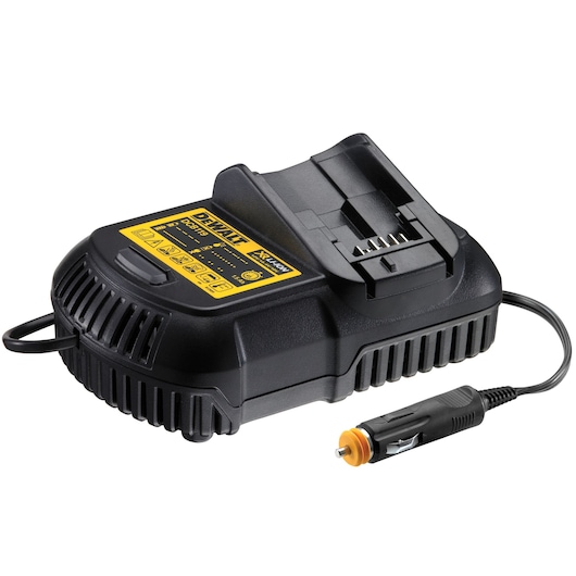 DEWALT DCB119 black and yellow battery charger with a car adapter cable, designed for charging DEWALT XR Li-Ion batteries.