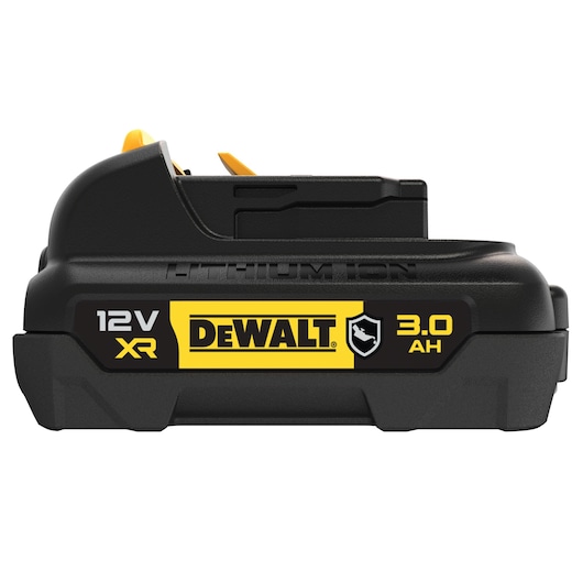 Side view of a DEWALT 12V XR 3.0Ah lithium-ion battery, black with yellow labeling.