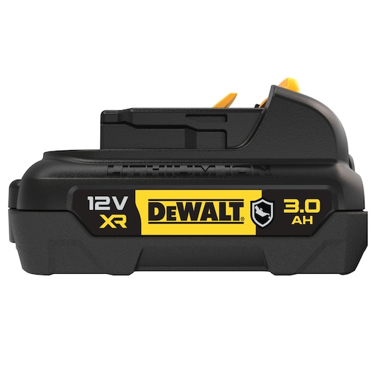 Side view of a DEWALT 12V XR lithium-ion battery with a capacity of 3.0 Ah. The battery is black with yellow and black branding, featuring the DEWALT logo and technical specifications.
