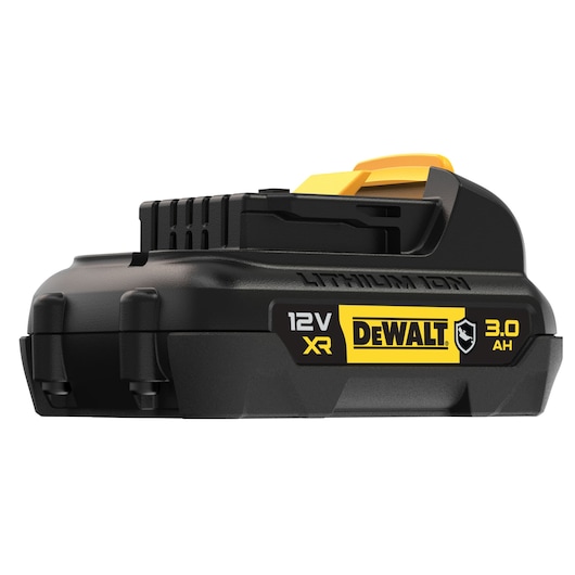 A DEWALT 12V XR 3.0Ah lithium-ion battery pack, black with yellow accents, shown from the side. The battery features the DEWALT logo and technical specifications prominently on the label.