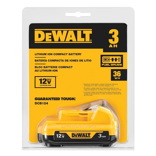 Front view of a DEWALT 12V MAX Lithium Ion Compact Battery (model DCB124) in retail packaging, featuring a yellow and black design. The packaging highlights 3 amp hours (AH), 36 watt hours (WH), and the fuel gauge indicator.