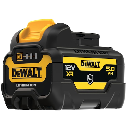 Close-up of a DEWALT 12V XR 5.0Ah lithium-ion battery, showing the yellow and black casing with branding and battery indicator.