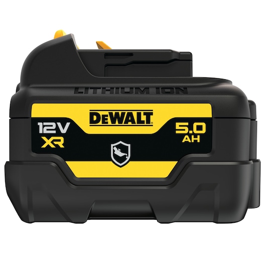Front view of a DEWALT 12V XR 5.0Ah lithium-ion battery pack, black and yellow with DEWALT logo and specifications on the label.