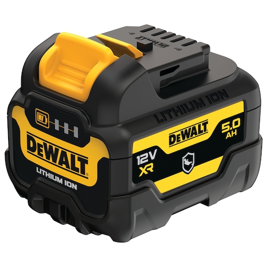 A DEWALT 12V XR lithium ion battery with 5.0Ah capacity, featuring black and yellow design, battery status indicator, and branding details.
