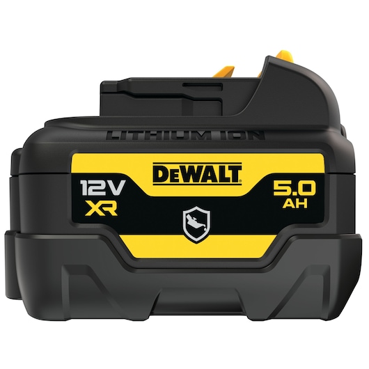 A close-up image of a DEWALT 12V XR lithium-ion battery with 5.0 Ah capacity. The battery is black with yellow labeling and features the DEWALT logo as well as technical specifications.