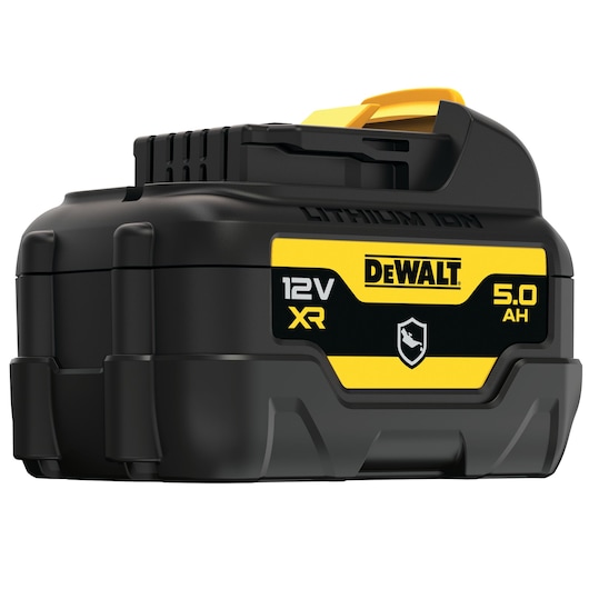 A close-up image of a DEWALT DCB126G 12V XR lithium-ion battery with a 5.0 Ah capacity. The battery is black with yellow labeling and features the DEWALT logo.