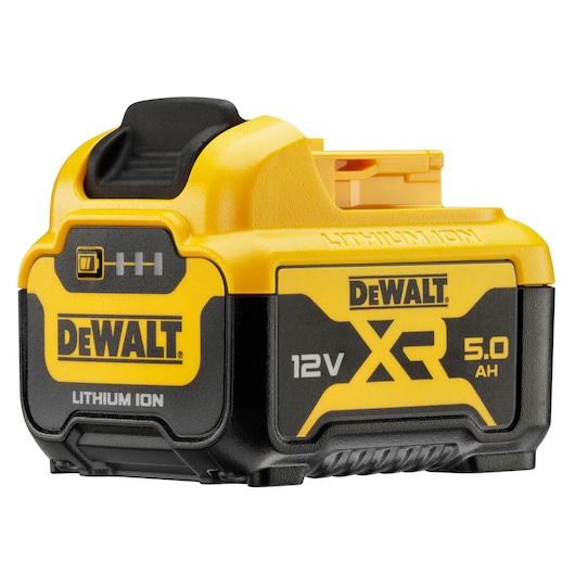DeWalt 12V XR lithium-ion battery, 5.0Ah capacity, yellow and black, compact design for cordless tools.