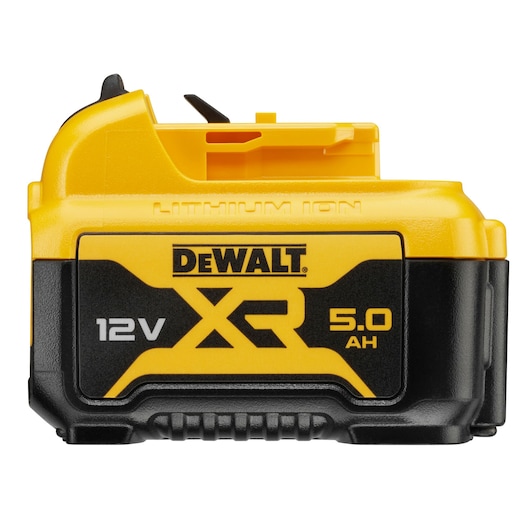 DEWALT 12V XR 5.0Ah lithium-ion battery pack in yellow and black color, close-up side view.