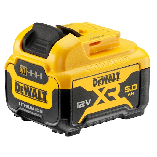 DEWALT 12V XR lithium-ion battery, 5.0 Ah, yellow and black, used for power tools.