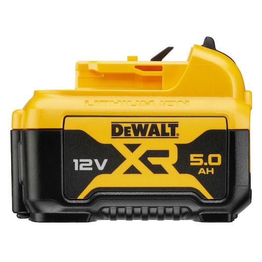 DEWALT 12V XR 5.0Ah lithium-ion battery pack, yellow and black, shown from the side.