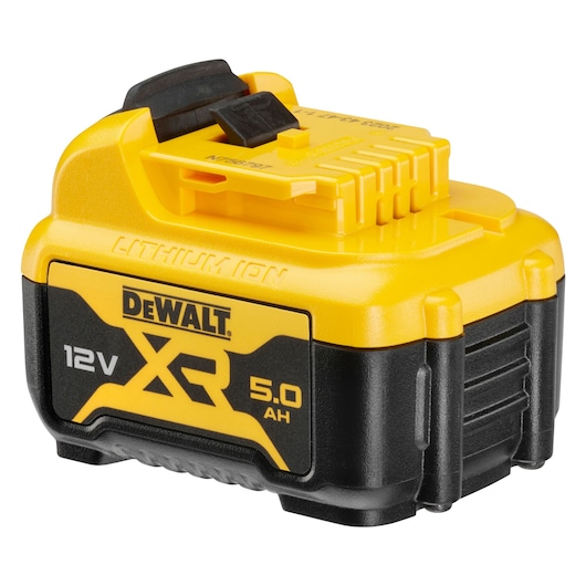 DEWALT 12V XR lithium-ion battery, 5.0Ah, yellow and black, compact design for power tools.