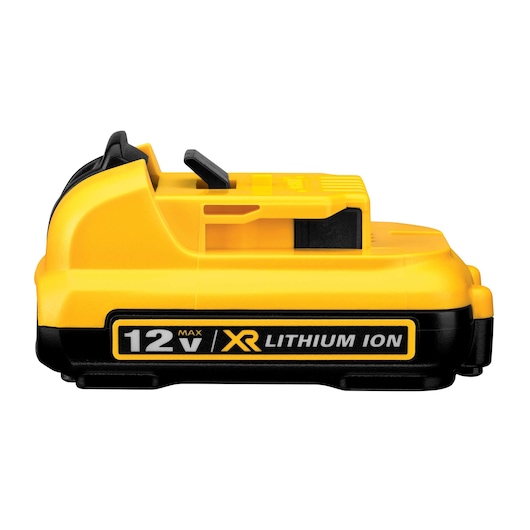 A DEWALT 12V XR Lithium Ion battery, shown in a side view with yellow and black casing and labeled on the side.