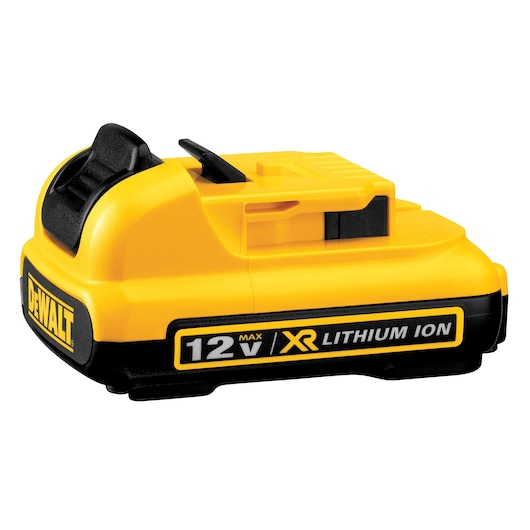 A DEWALT 12V XR Lithium-Ion rechargeable battery pack, yellow and black, designed for power tools.