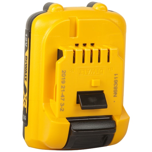DEWALT 12V XR DCB127 yellow battery pack for power tools, shown upright with connectors and label visible.