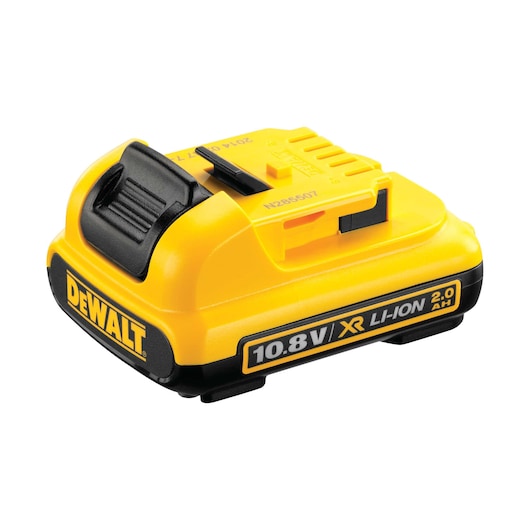 A yellow and black DEWALT rechargeable lithium-ion battery pack with a voltage of 10.8V and a capacity of 2.0 Ah, model DCB127.