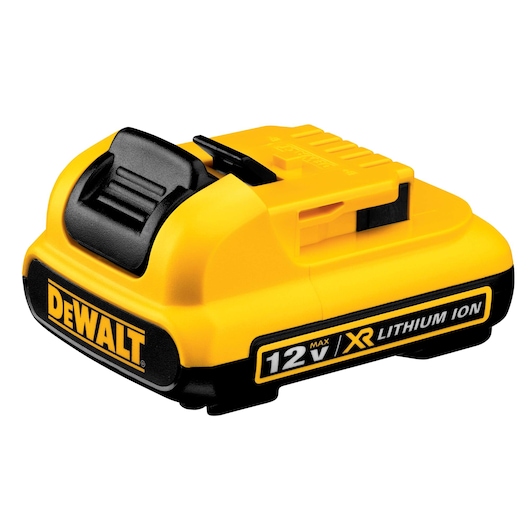 A DEWALT 12V XR lithium-ion battery with a yellow and black design, used for powering compatible cordless tools.