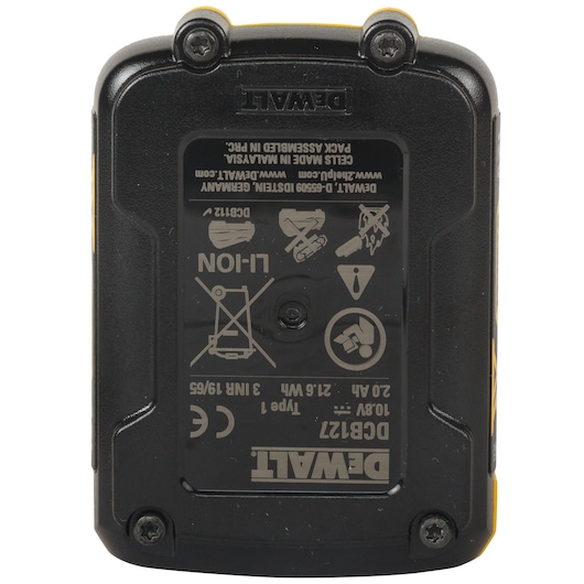 DEWALT DCB127 lithium-ion battery pack with specifications and safety icons shown on the label.