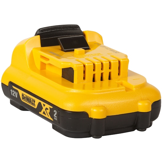 DEWALT 12V XR 2Ah yellow and black battery pack, model DCB127, shown angled on a white background.
