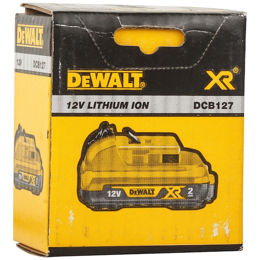 DEWALT DCB127 box for 12V lithium-ion battery, yellow and black packaging, XR series branding visible.