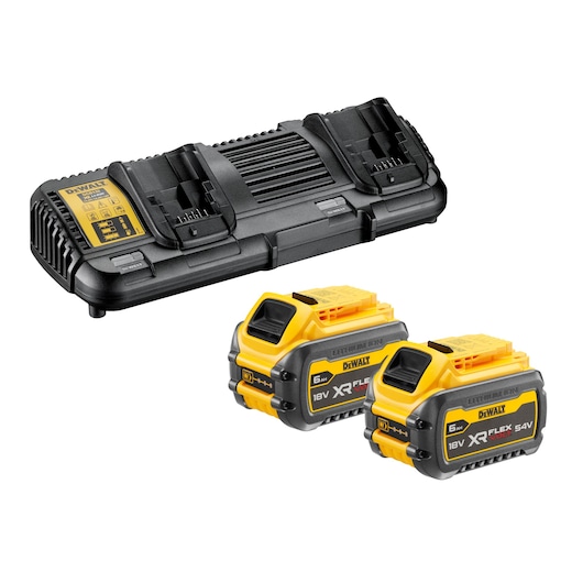 DEWALT battery charging kit including a dual port battery charger and two yellow and black 18V/54V XR FlexVolt lithium-ion batteries.