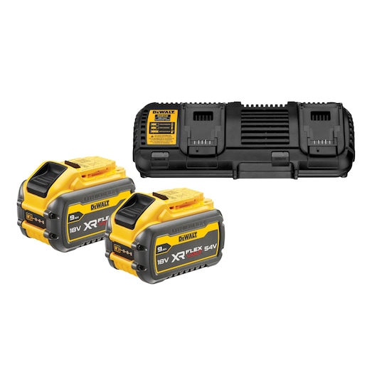 DEWALT battery charger kit including a double battery charging station and two 18V/54V XR FLEXVOLT lithium-ion batteries, shown on a white background.