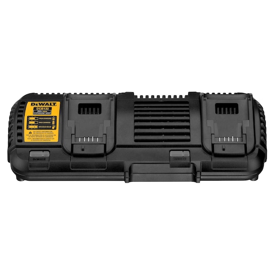 Front view of a DEWALT DCB132 dual battery charger, featuring two separate charging slots and a yellow product label on the left side, designed for charging lithium-ion batteries.