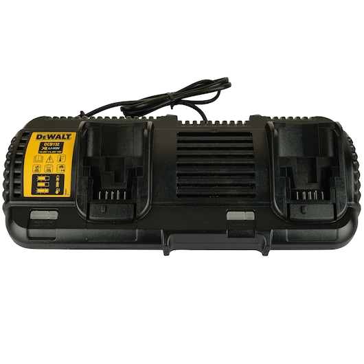 DEWALT DCB132 dual battery charger in black with yellow label and attached power cable, front view.