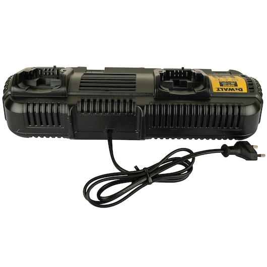 DEWALT DCB132 dual battery charger with power cord for charging tool batteries, shown from above.