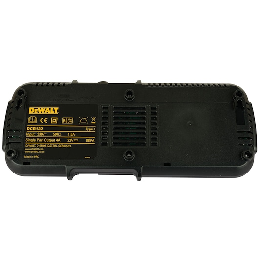 Back view of a DEWALT DCB132 black battery charger with labels and ventilation grille.