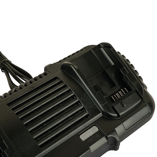 Close-up of a DEWALT DCB132 battery charger with cable, showing charging slot and connector pins.