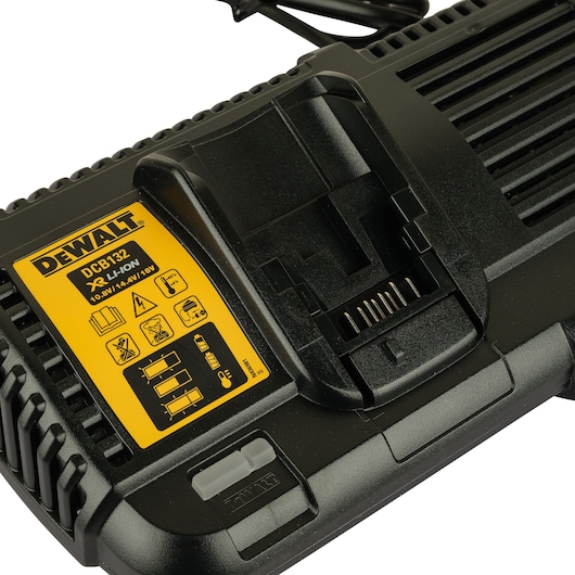 Close-up of a DEWALT DCB132 battery charger for XR Li-Ion batteries, showing its connector and indicator label.